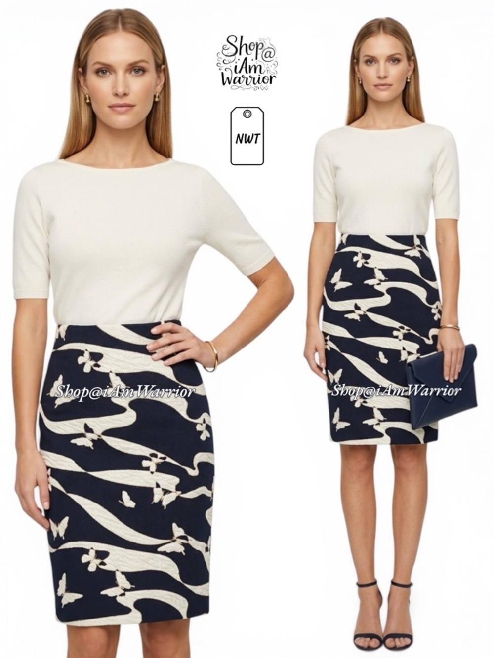 Ann Taylor NWT navy & cream quilted butterfly pencil skirt *shop@iamwarrior